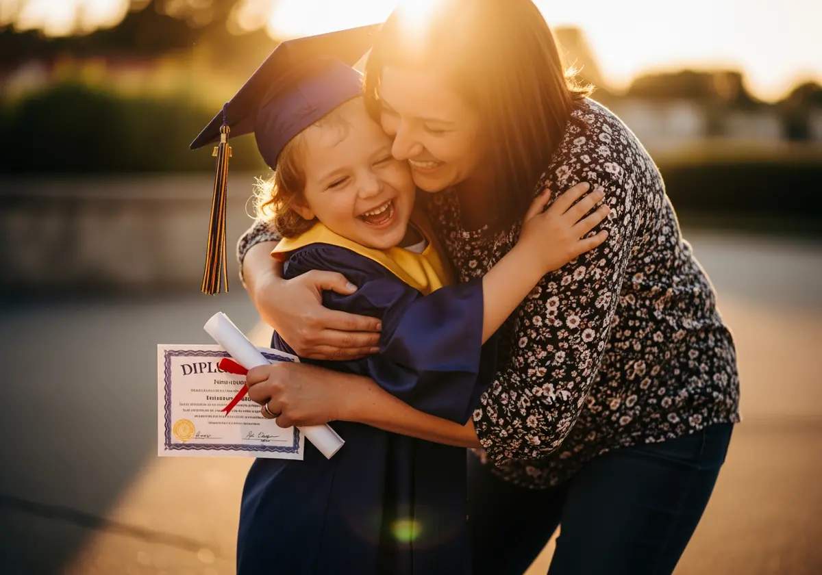 Un graduado de kínder abraza a su mamá, ambos riendo