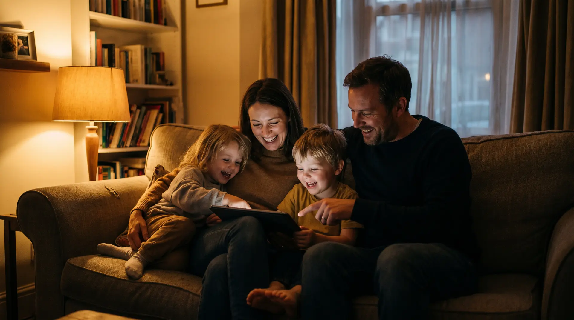 Una familia revive juntos su galería de fotos en la tablet, riendo