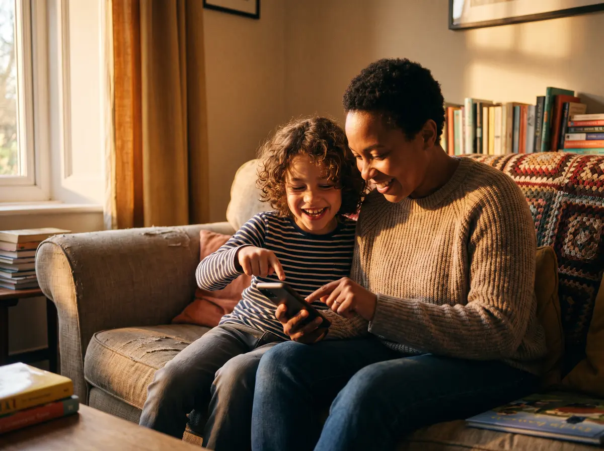 Un papá y su hijo eligen y compran juntos sus fotos, sonriendo